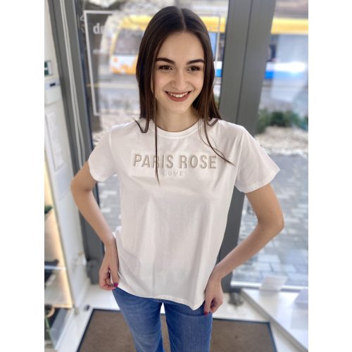 Fehér alapon strasszos "PARIS ROSE" feliratos pamut póló