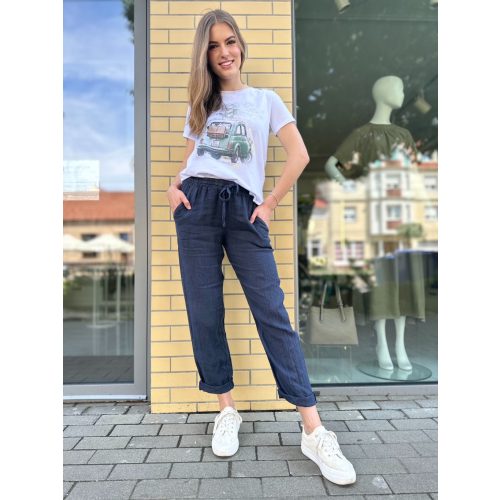 Sötétkék színű lenvászon nadrág